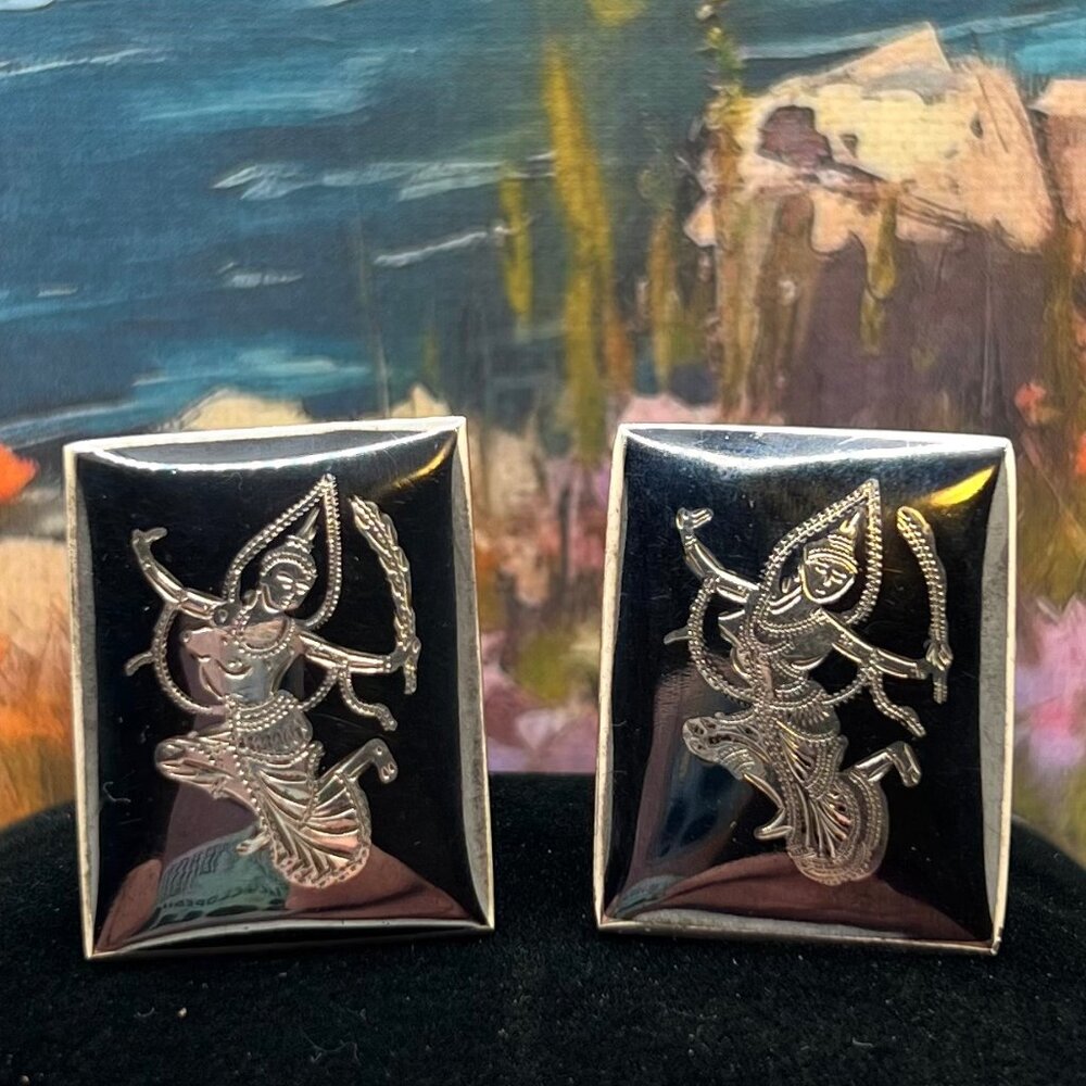 925 Sterling Silver Black Rectangle Siam Niello Cuff Links